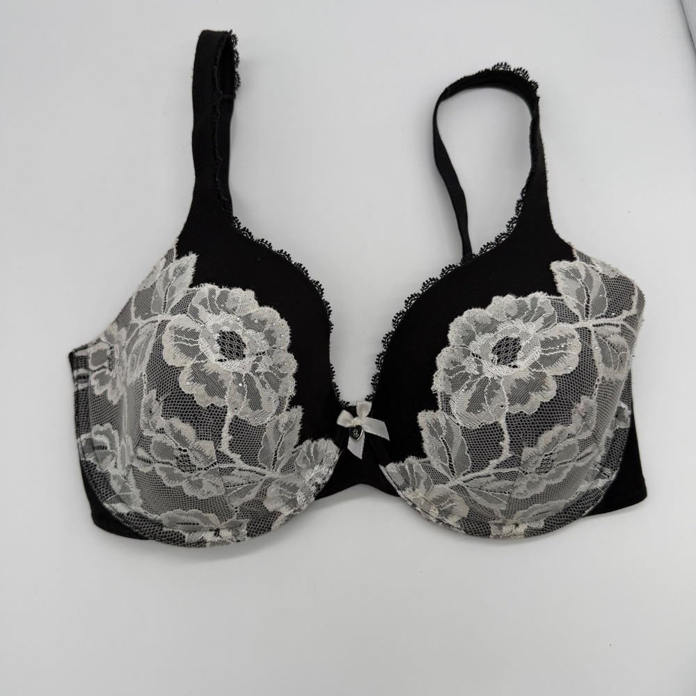 Victorias Secret‎ Lined Perfect Coverage Bra 34DD Black White Lace Underwire